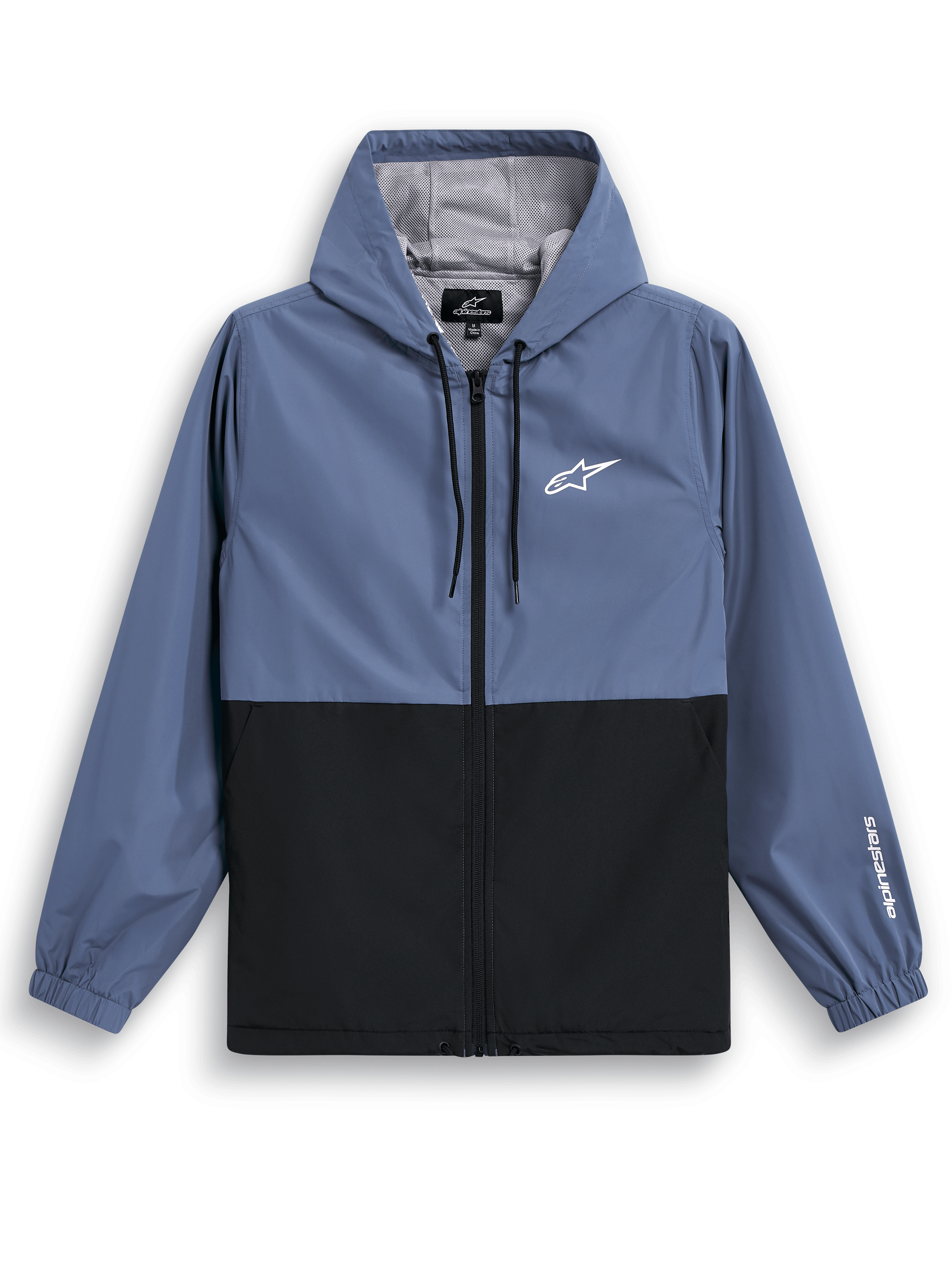 Alpinestars Giacca a Vento Speeder, giacca a vento leggera con cappuccio, blu ardesia e nero, design bicolore a blocchi con logo bianco sul petto e marchio sulla manica, fodera in rete e cappuccio regolabile con cordino