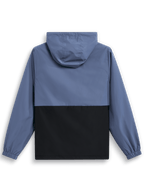 Giacca a vento Alpinestars Speeder, vista posteriore, blu ardesia e nero, design a blocchi di colore con cappuccio, polsini elastici, abbigliamento sportivo casual leggero