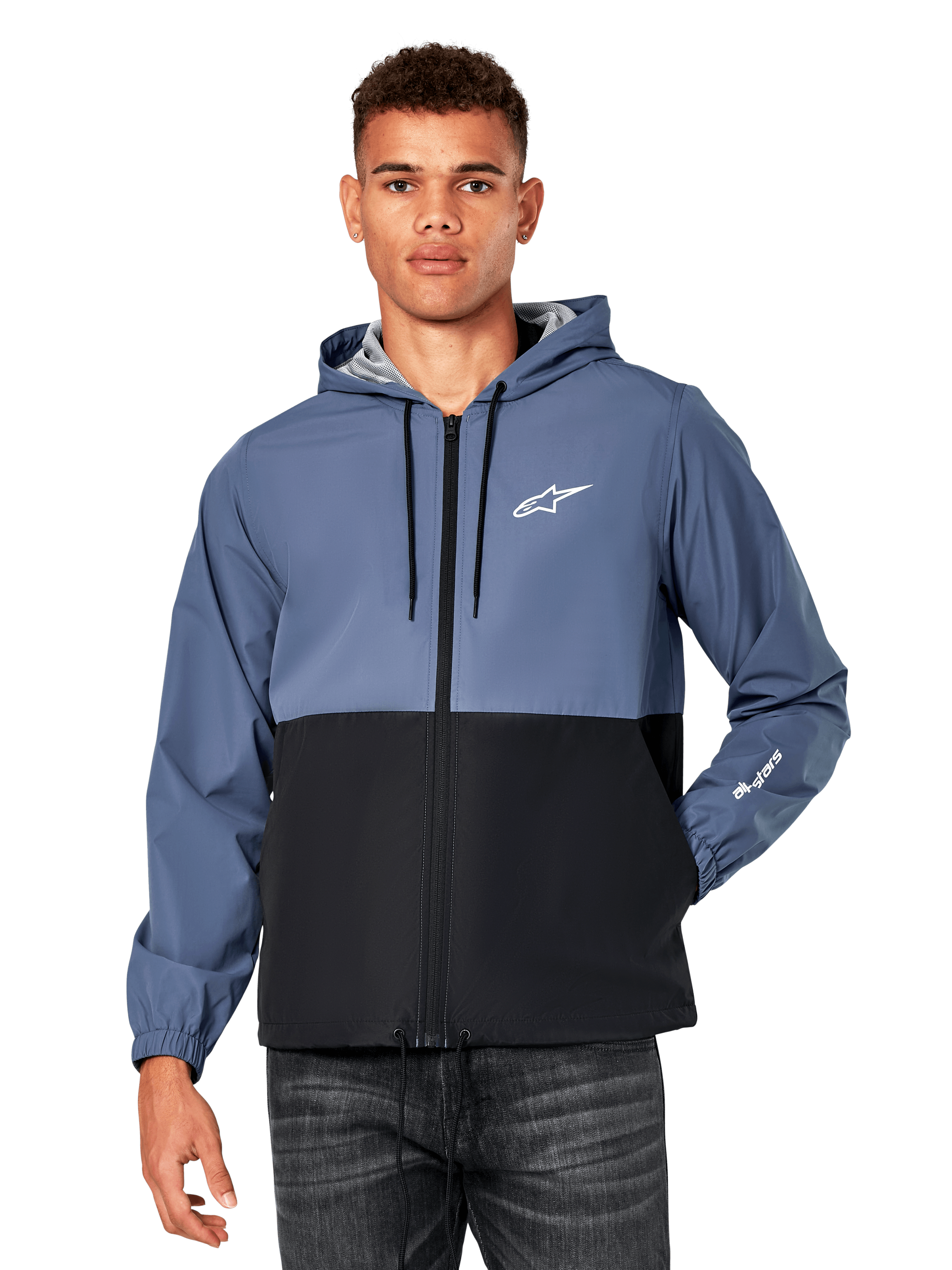 Alpinestars Speeder Windbreaker Jacket, giacca a vento casual con cappuccio, design bicolore blu ardesia e nero, logo Astar bianco sul petto e marchio sulla manica, zip frontale con cappuccio a cordino, fodera leggera in rete