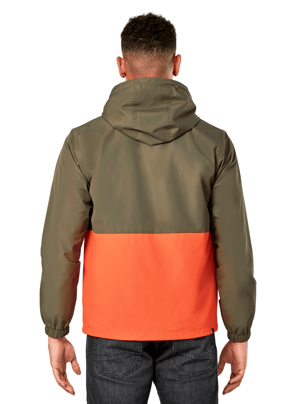 Giacca a vento Speeder Alpinestars, giacca frangivento leggera con cappuccio, design a blocchi di colore verde militare e arancione, vista posteriore con cappuccio e polsini elastici, stile sportswear casual