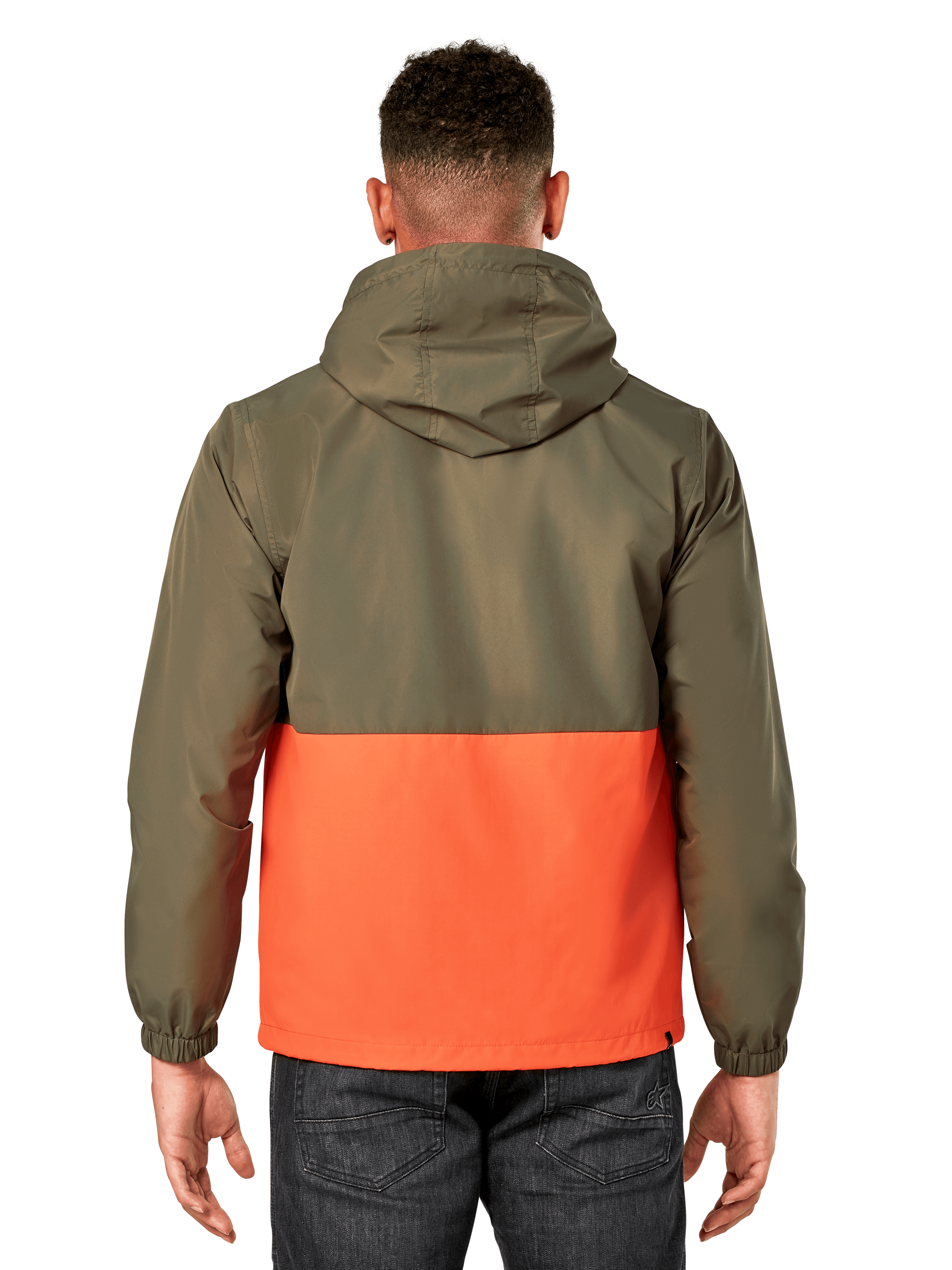 Giacca a vento Speeder Alpinestars, giacca frangivento leggera con cappuccio, design a blocchi di colore verde militare e arancione, vista posteriore con cappuccio e polsini elastici, stile sportswear casual