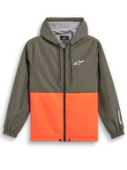 Giacca a vento Alpinestars Speeder, abbigliamento sportivo casual, design a blocchi di colore verde oliva e arancione acceso, logo Astars bianco su petto e manica, cappuccio con fodera in rete, cordini regolabili, polsini elastici