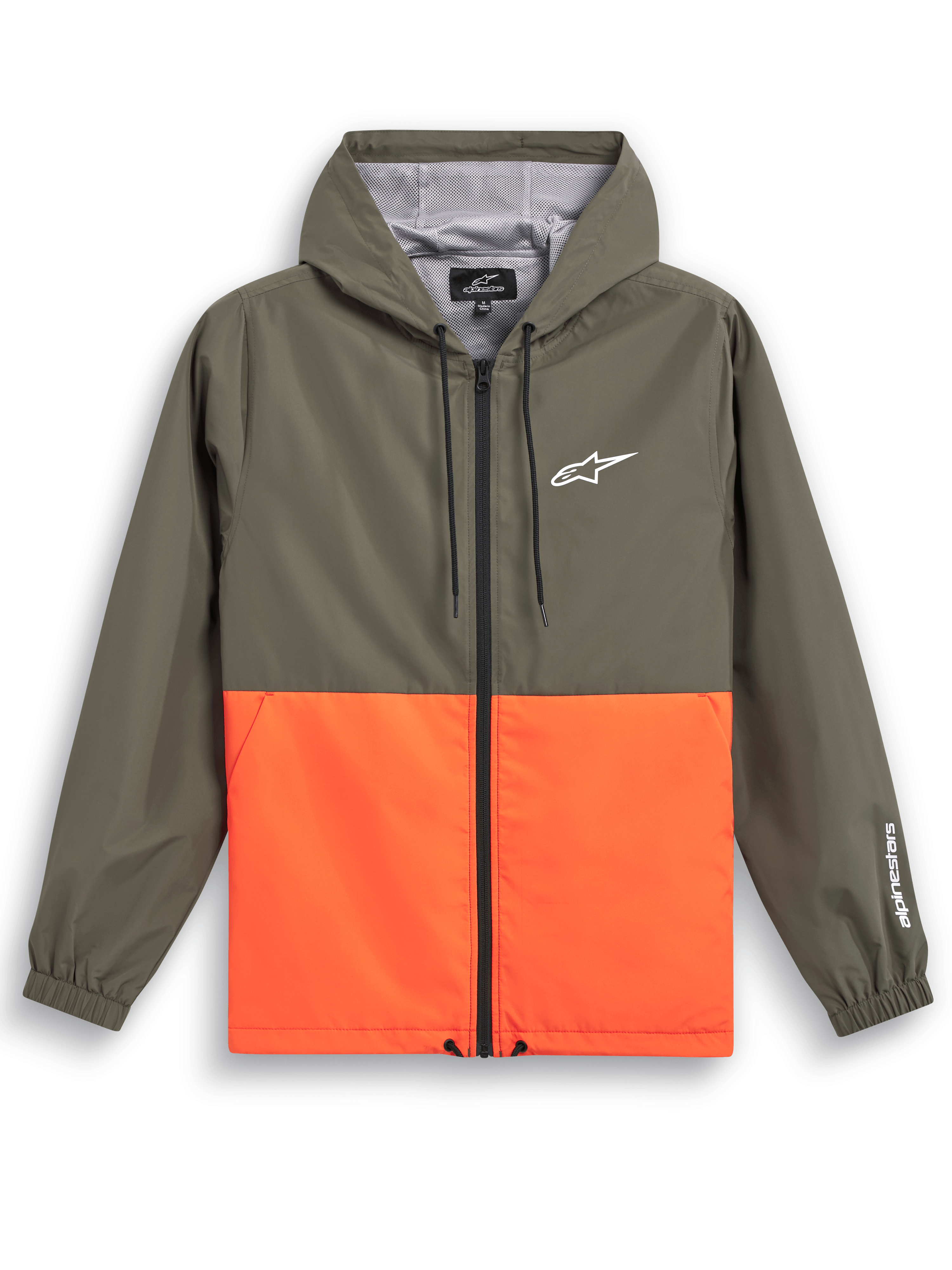 Giacca a vento Alpinestars Speeder, abbigliamento sportivo casual, design a blocchi di colore verde oliva e arancione acceso, logo Astars bianco su petto e manica, cappuccio con fodera in rete, cordini regolabili, polsini elastici