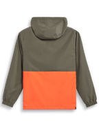 Giacca a vento Alpinestars Speeder, giacca a vento leggera con cappuccio, Arancione Military e Verde Oliva, vista posteriore con design a blocchi di colore, cappuccio e polsini elastici