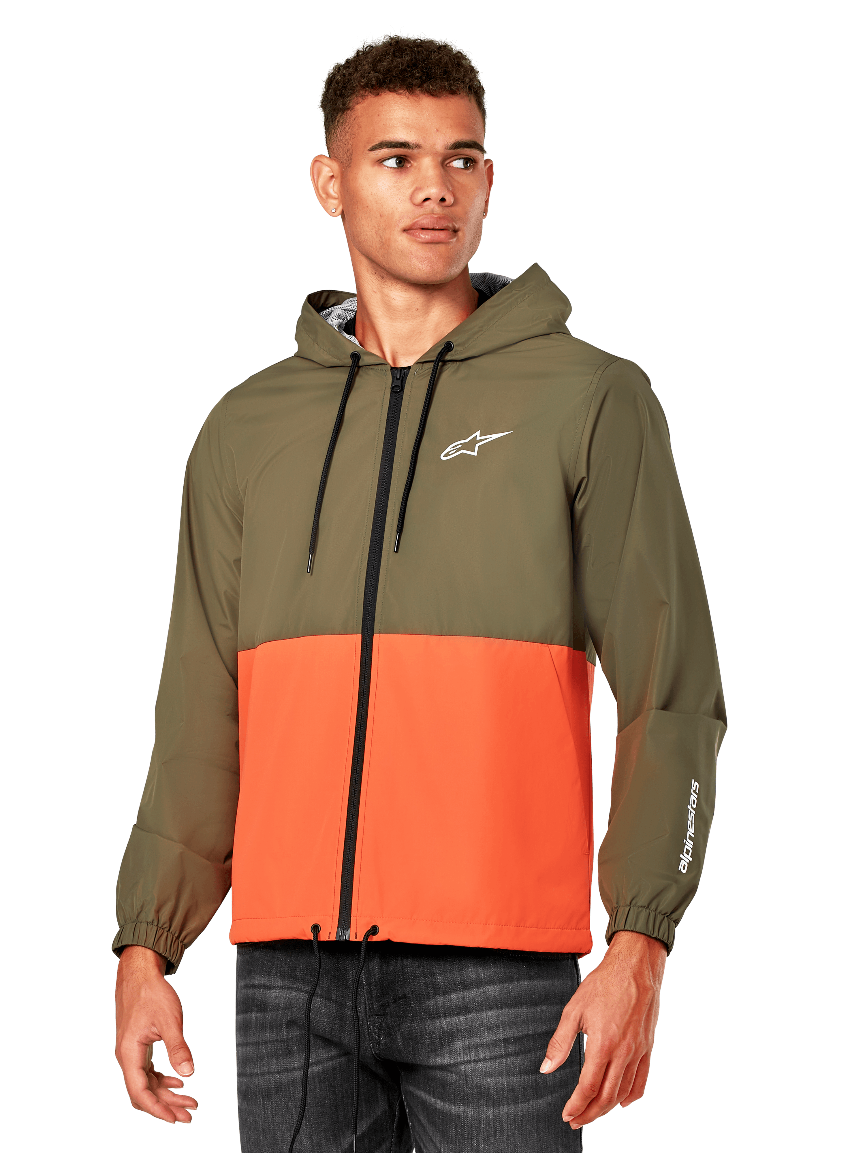 Giacca a vento Alpinestars Speeder, giacca a vento leggera con cappuccio, arancione militare e verde oliva, design a blocchi di colore con logo bianco sul petto e sulla manica, capospalla casual ispirato al motorsport