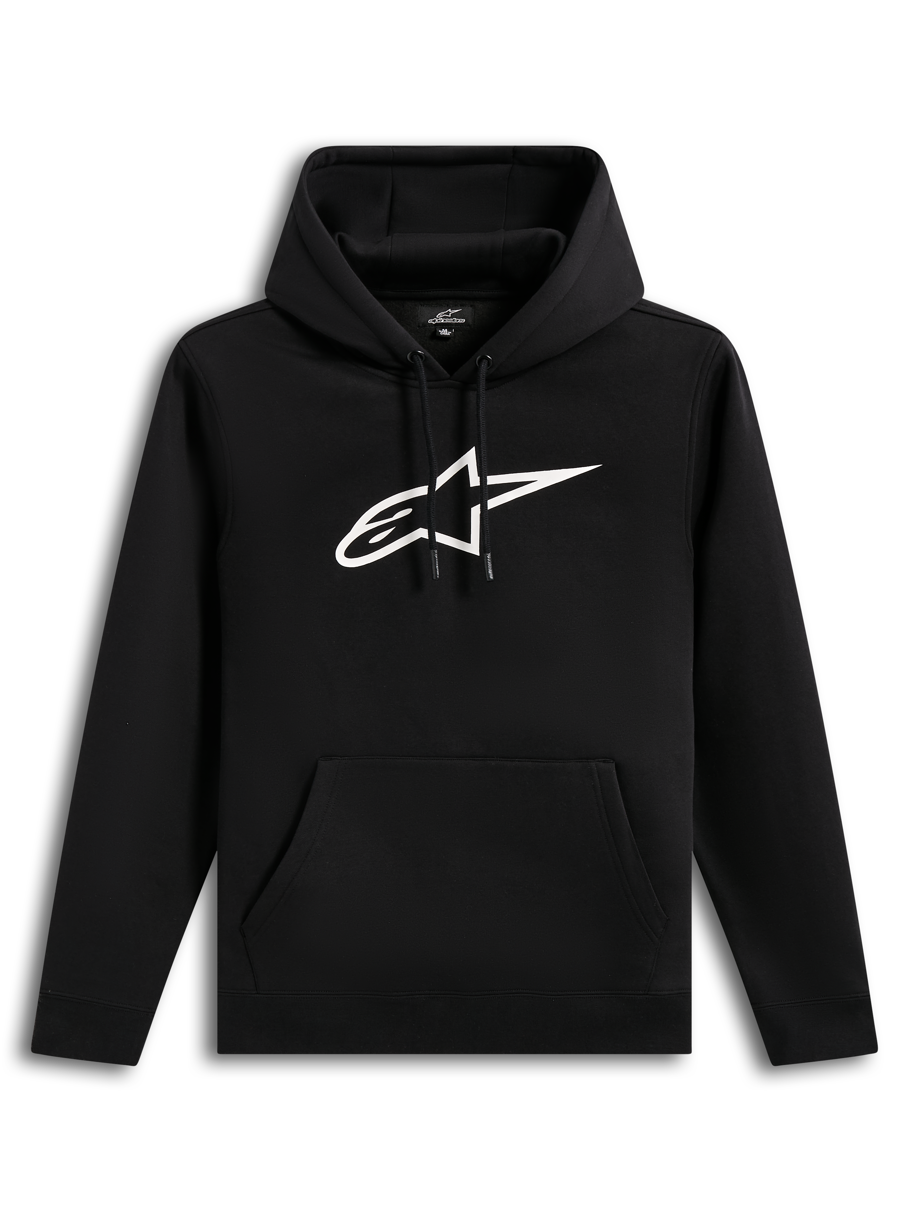 Alpinestars Ageless V3 Hoodie, felpa con cappuccio nera in pile con logo bianco ricamato e tasca a marsupio, stile sportswear