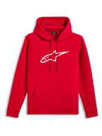 Alpinestars Ageless V3 Hoodie, rosso con logo bianco ricamato, felpa in pile con cappuccio, cappuccio con cordoncino, tasca a marsupio, streetwear casual ispirato al motorsport