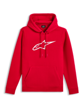 Alpinestars Ageless V3 Hoodie, rosso con logo bianco ricamato, felpa in pile con cappuccio, cappuccio con cordoncino, tasca a marsupio, streetwear casual ispirato al motorsport