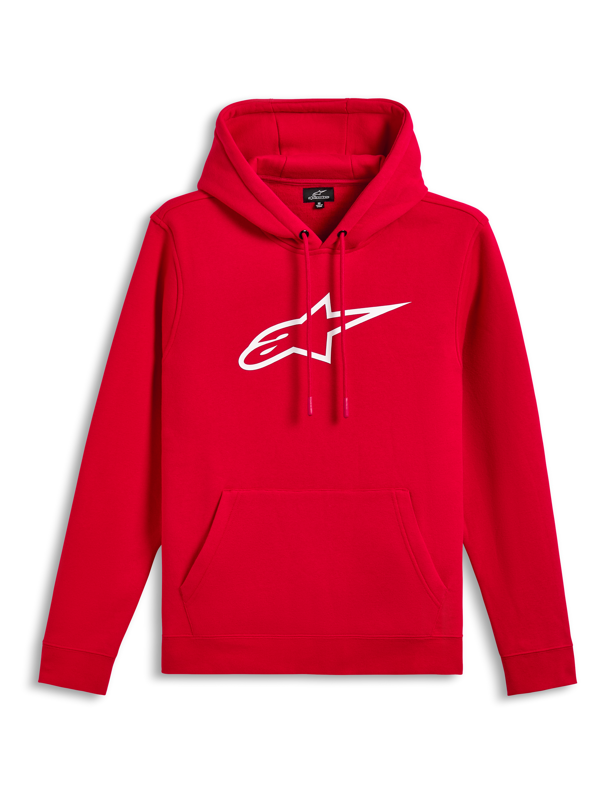 Alpinestars Ageless V3 Hoodie, rosso con logo bianco ricamato, felpa in pile con cappuccio, cappuccio con cordoncino, tasca a marsupio, streetwear casual ispirato al motorsport