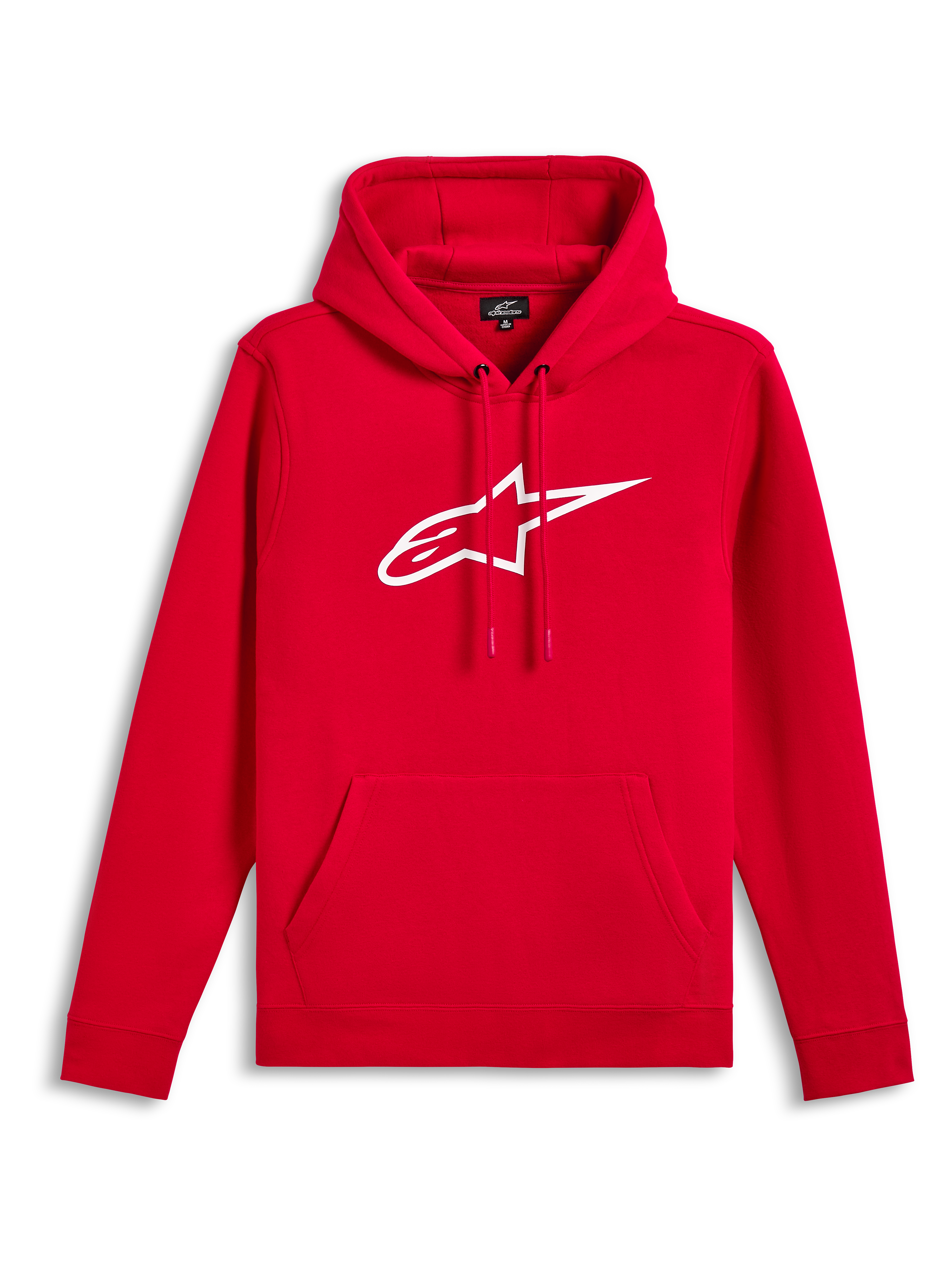 Alpinestars Ageless V3 Hoodie, rosso con logo bianco ricamato, felpa in pile con cappuccio, cappuccio con cordoncino, tasca a marsupio, streetwear casual ispirato al motorsport