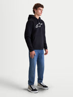 Alpinestars Felpa con cappuccio Ageless V3, felpa da uomo in pile, nero e bianco, grande logo ricamato bianco sul petto, cappuccio con cordini e tasca a marsupio, abbigliamento casual per appassionati di motorsport