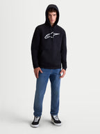 Alpinestars felpa con cappuccio Ageless V3, pullover sportswear da uomo, nero e bianco, logo Alpinestars ricamato sul petto, cappuccio con cordini e polsini a coste, costruzione in morbido pile per stile motorsport casual.