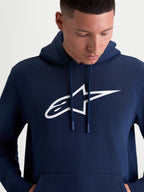 Alpinestars Felpa con cappuccio Ageless V3, felpa sportswear da uomo, blu navy e bianco, grande logo Astars bianco ricamato sul petto, cappuccio con cordini, morbido pile per lifestyle motorsport