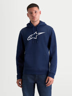 Alpinestars Felpa con cappuccio Ageless V3, felpa in pile da uomo, blu e bianco, grande logo Alpinestars ricamato sul petto, cappuccio con cordino regolabile e tasca a marsupio, stile motorsport casual
