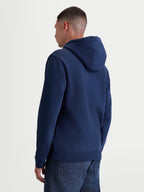 Alpinestars Felpa Con Cappuccio Ageless V3, felpa in pile casual da uomo, vista posteriore su modello, blu, cappuccio autofoderato, polsini e orlo a coste, cotone e poliestere riciclato