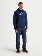 Alpinestars Felpa con cappuccio Ageless V3, felpa sportswear da uomo, blu navy e bianco, logo ricamato frontale, cappuccio con cordino e tasca a marsupio, in pile di cotone e poliestere, stile casual motorsport