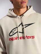 Felpa con cappuccio Alpinestars Always V3, streetwear casual, off-white con logo a stella nero e scritta Alpinestars rossa, cappuccio con cordoncino, pile premium, design moderno ispirato al motorsport
