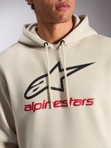 Felpa con cappuccio Alpinestars Always V3, streetwear casual, off-white con logo a stella nero e scritta Alpinestars rossa, cappuccio con cordoncino, pile premium, design moderno ispirato al motorsport