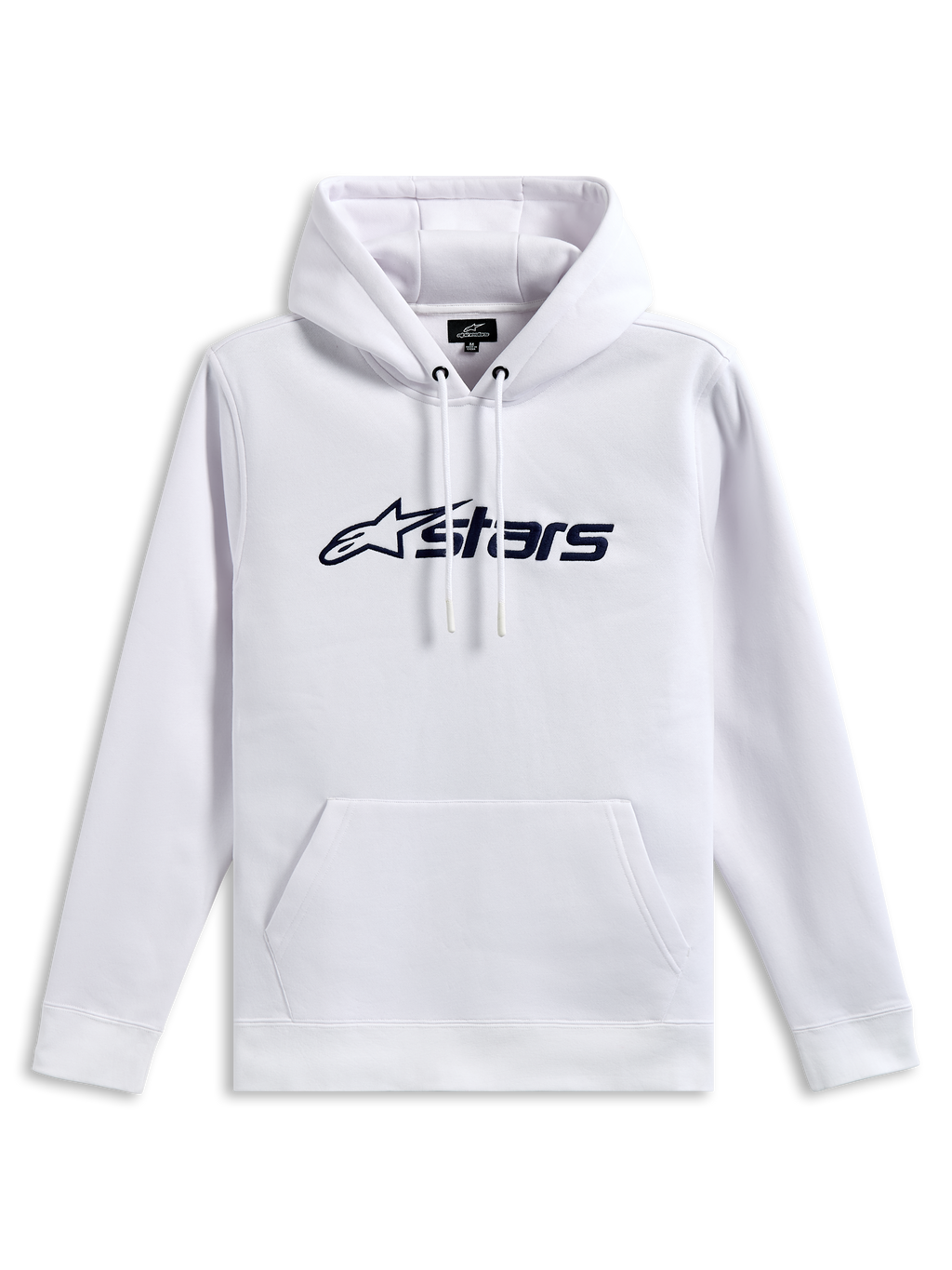 Alpinestars Blaze V3 Hoodie, felpa pullover in pile, bianca con stampa logo frontale blu navy, cappuccio foderato in jersey con cordino e tasca a marsupio, streetwear casual d'ispirazione motorsport
