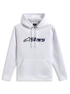 Alpinestars Blaze V3 Hoodie, felpa pullover in pile, bianca con stampa logo frontale blu navy, cappuccio foderato in jersey con cordino e tasca a marsupio, streetwear casual d'ispirazione motorsport