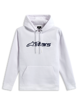 Alpinestars Blaze V3 Hoodie, felpa pullover in pile, bianca con stampa logo frontale blu navy, cappuccio foderato in jersey con cordino e tasca a marsupio, streetwear casual d'ispirazione motorsport