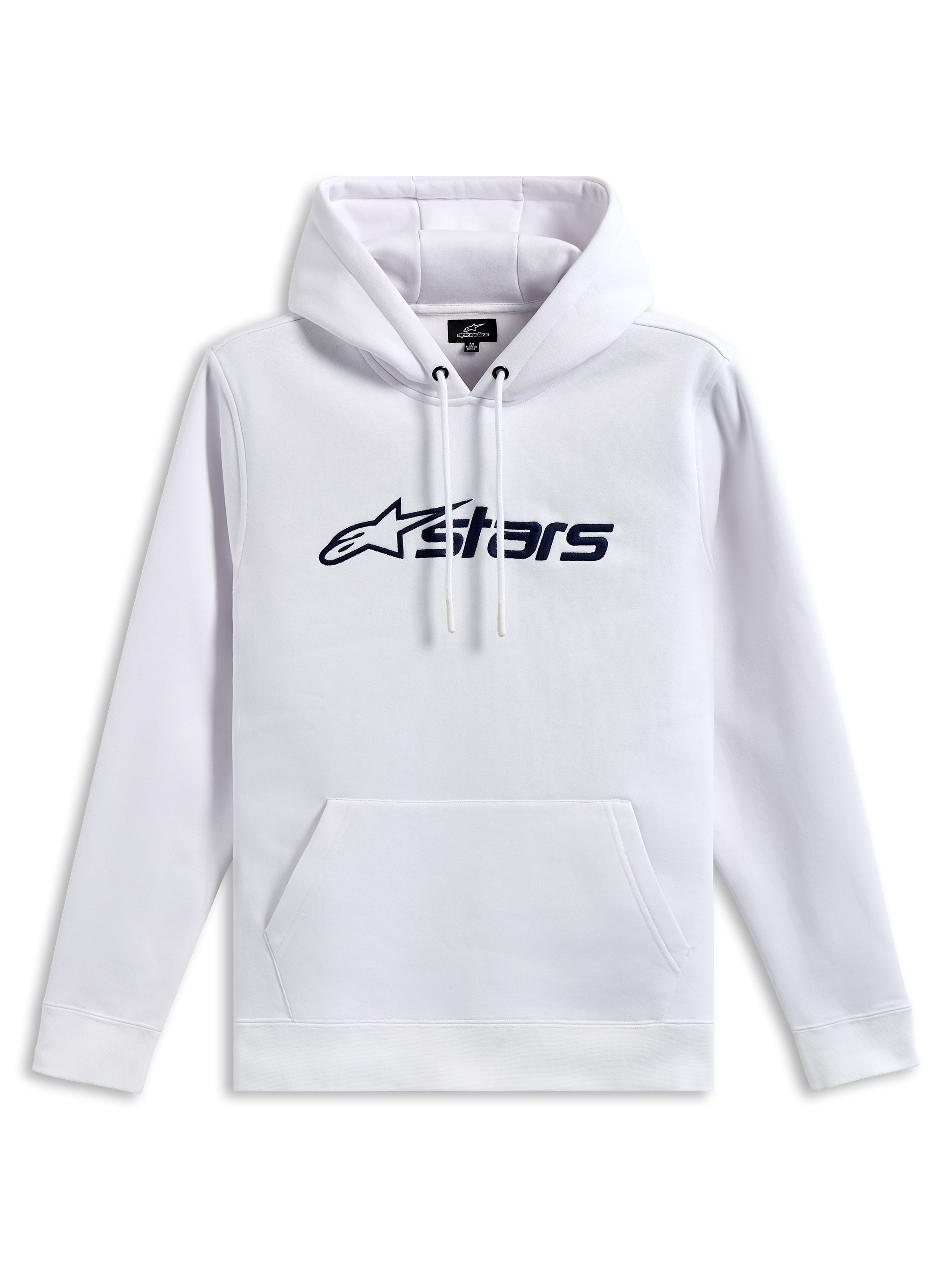 Alpinestars Blaze V3 Hoodie, felpa pullover in pile, bianca con stampa logo frontale blu navy, cappuccio foderato in jersey con cordino e tasca a marsupio, streetwear casual d'ispirazione motorsport