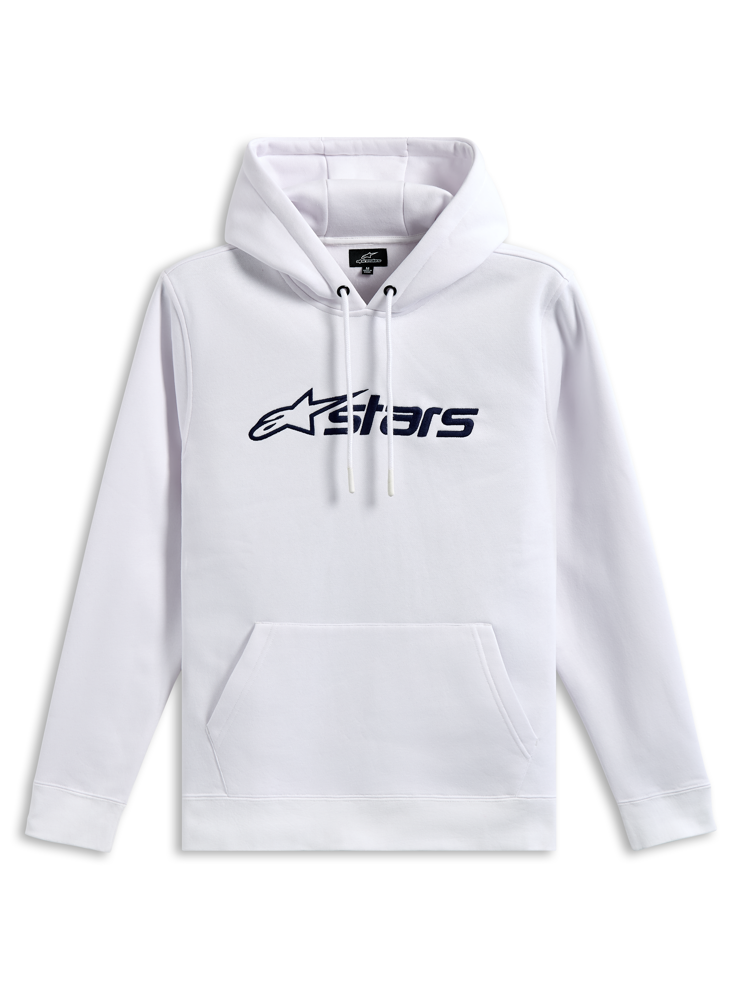 Alpinestars Blaze V3 Hoodie, felpa pullover in pile, bianca con stampa logo frontale blu navy, cappuccio foderato in jersey con cordino e tasca a marsupio, streetwear casual d'ispirazione motorsport
