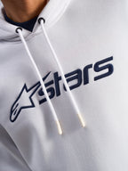 Felpa con cappuccio Alpinestars Blaze V3, White Navy, primo piano del petto con stampa del logo frontale blu navy e cordoncini bianchi con punte intinte, streetwear casual motorsport