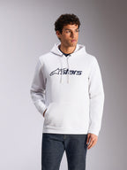 Felpa con cappuccio Alpinestars Blaze V3, streetwear casual, bianca con logo Alpinestars blu navy, cappuccio con cordoncino, maniche lunghe, indossata con jeans in denim scuro, design moderno ispirato al motorsport