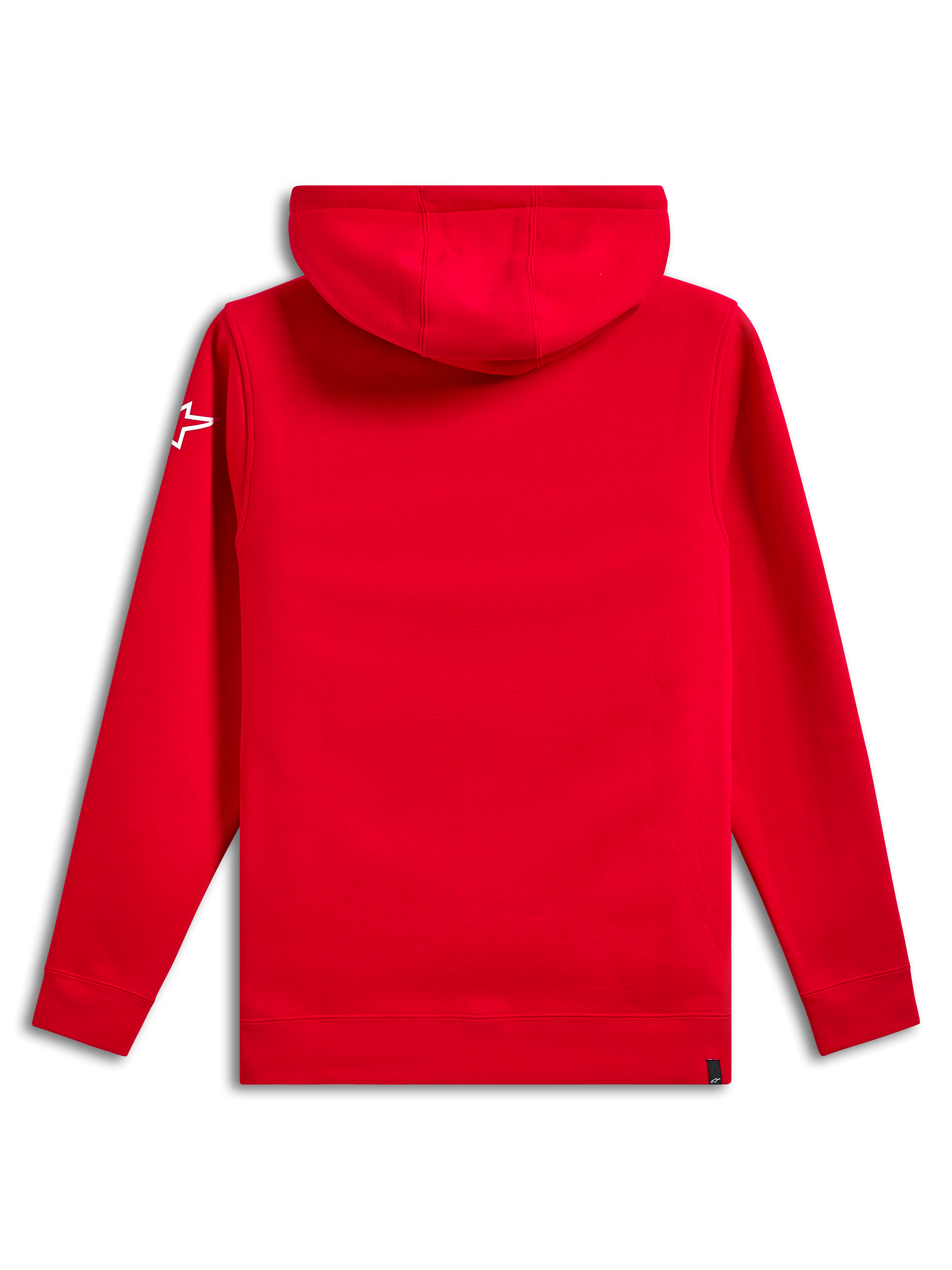 Felpa con cappuccio Alpinestars Linear Wordmark V3, vista posteriore, rosso tinta unita, logo a stella Ageless bianco sulla manica, pullover in pile con cappuccio, polsini e orlo a coste, abbigliamento casual motorsport streetwear
