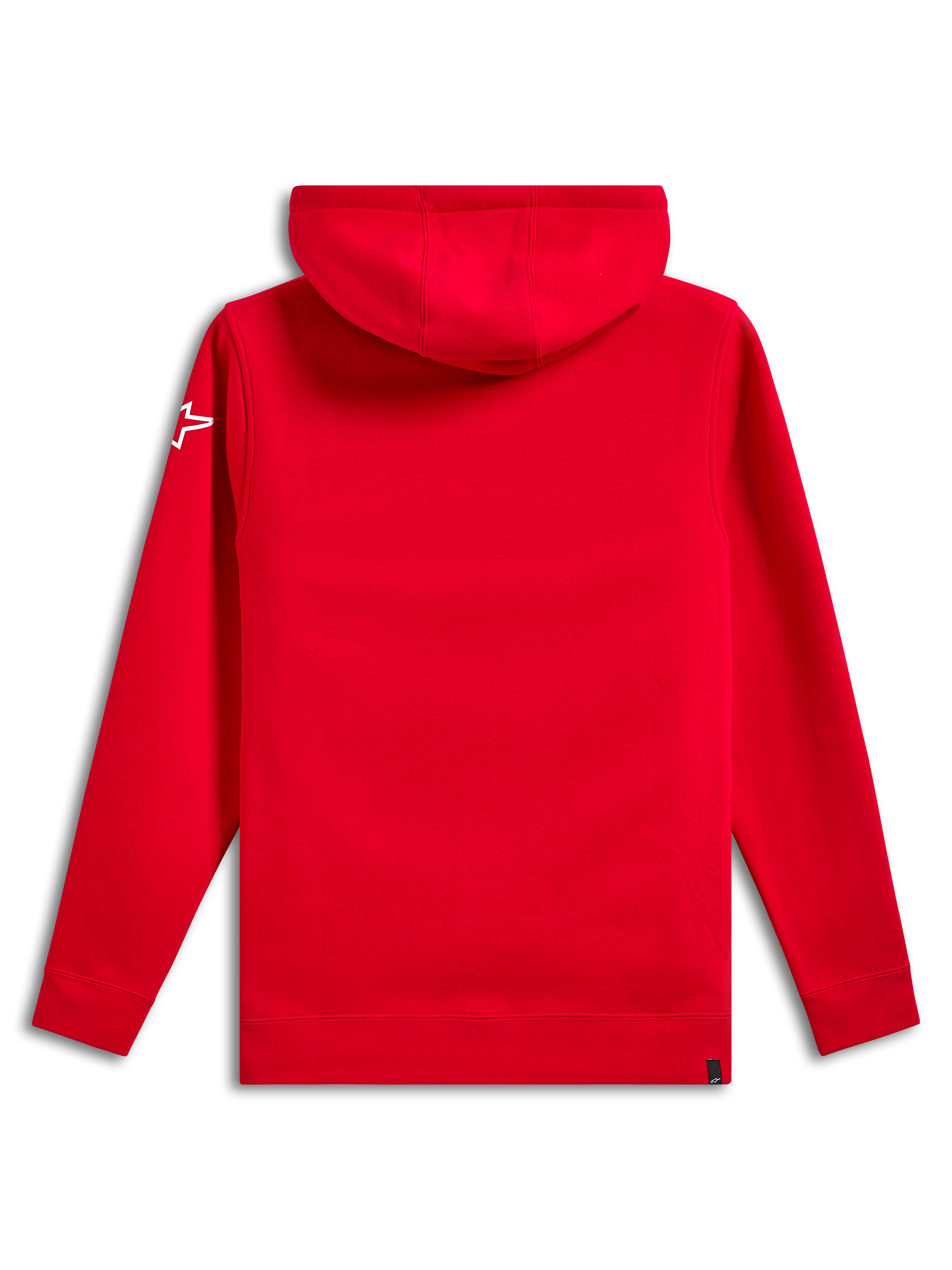 Felpa con cappuccio Alpinestars Linear Wordmark V3, vista posteriore, rosso tinta unita, logo a stella Ageless bianco sulla manica, pullover in pile con cappuccio, polsini e orlo a coste, abbigliamento casual motorsport streetwear