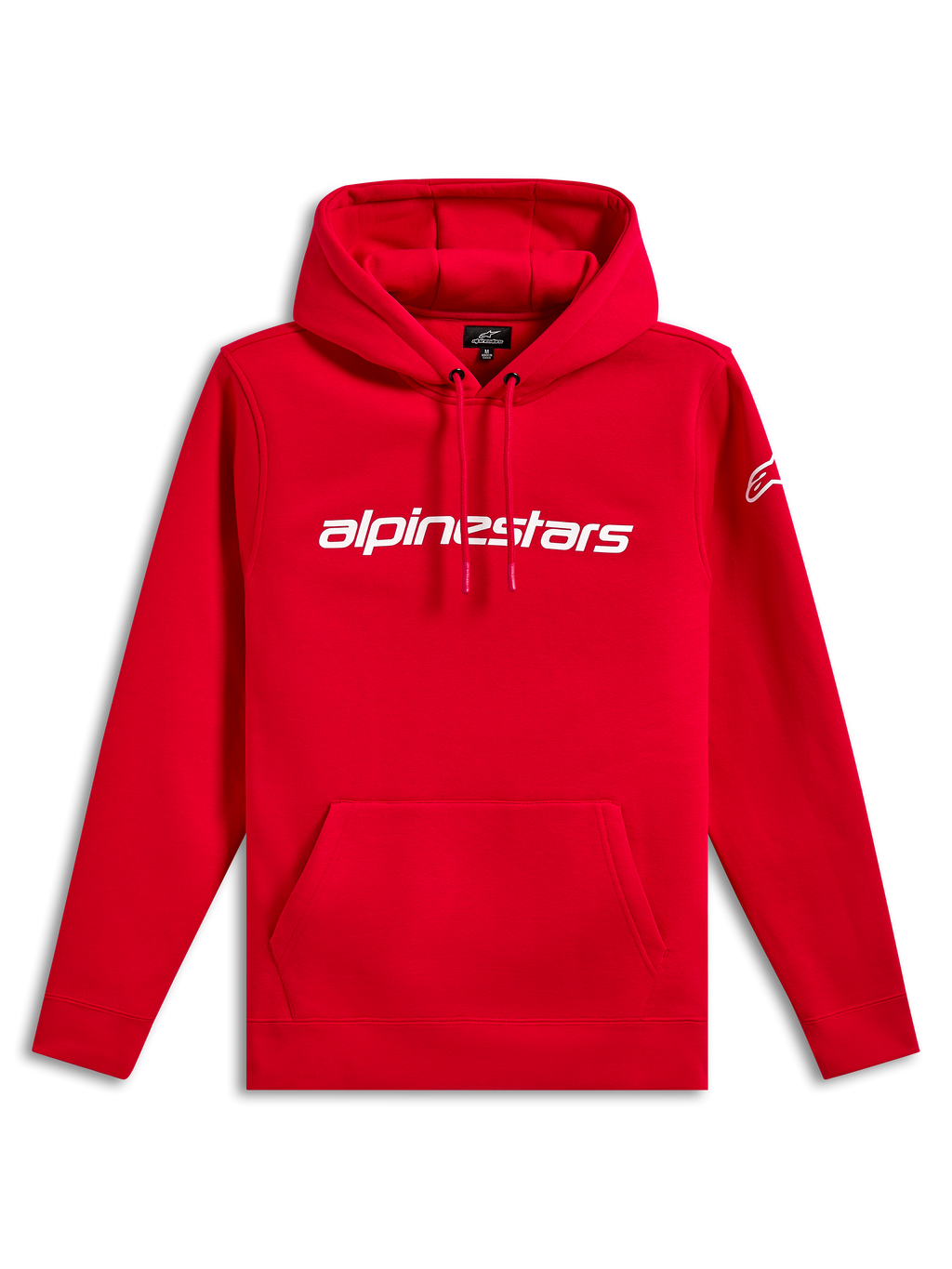 Felpa con cappuccio Alpinestars Linear Wordmark V3, streetwear casual, rossa con scritta Alpinestars bianca sul petto, logo Ageless bianco sulla manica, cappuccio con cordoncino, tasca a marsupio, polsini e orlo a coste