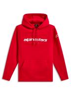 Felpa con cappuccio Alpinestars Linear Wordmark V3, streetwear casual, rossa con scritta Alpinestars bianca sul petto, logo Ageless bianco sulla manica, cappuccio con cordoncino, tasca a marsupio, polsini e orlo a coste