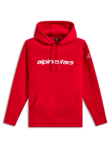 Felpa con cappuccio Alpinestars Linear Wordmark V3, streetwear casual, rossa con scritta Alpinestars bianca sul petto, logo Ageless bianco sulla manica, cappuccio con cordoncino, tasca a marsupio, polsini e orlo a coste