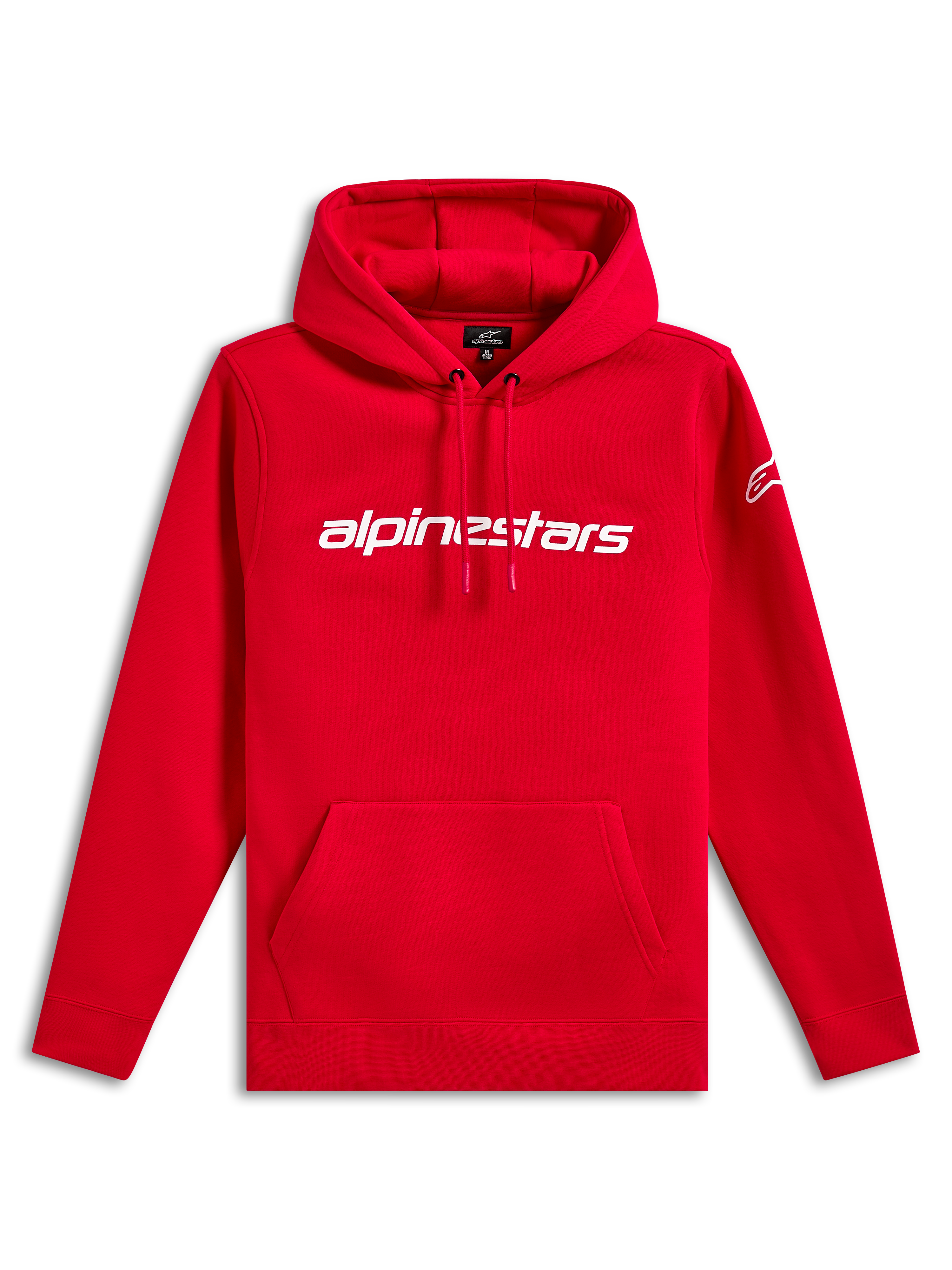Felpa con cappuccio Alpinestars Linear Wordmark V3, streetwear casual, rossa con scritta Alpinestars bianca sul petto, logo Ageless bianco sulla manica, cappuccio con cordoncino, tasca a marsupio, polsini e orlo a coste