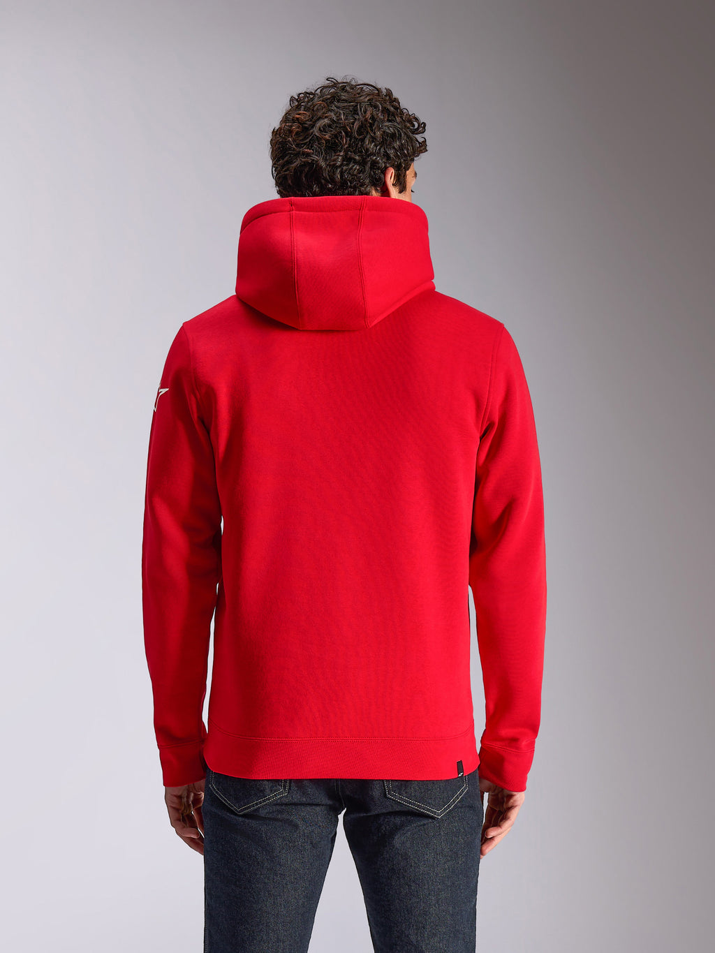 Alpinestars Linear Wordmark V3 Hoodie, vista posteriore di una felpa rossa con cappuccio, con logo Ageless bianco sulla manica, polsini e orlo a coste, streetwear casual ispirato al motorsport