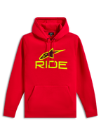 Felpa con cappuccio Alpinestars Ride V3, pile pullover rosso, logo RIDE e simbolo Astars in giallo alta visibilità con stampa traforata nera, cappuccio con cordino, tasca frontale a marsupio, casual motorsport streetwear