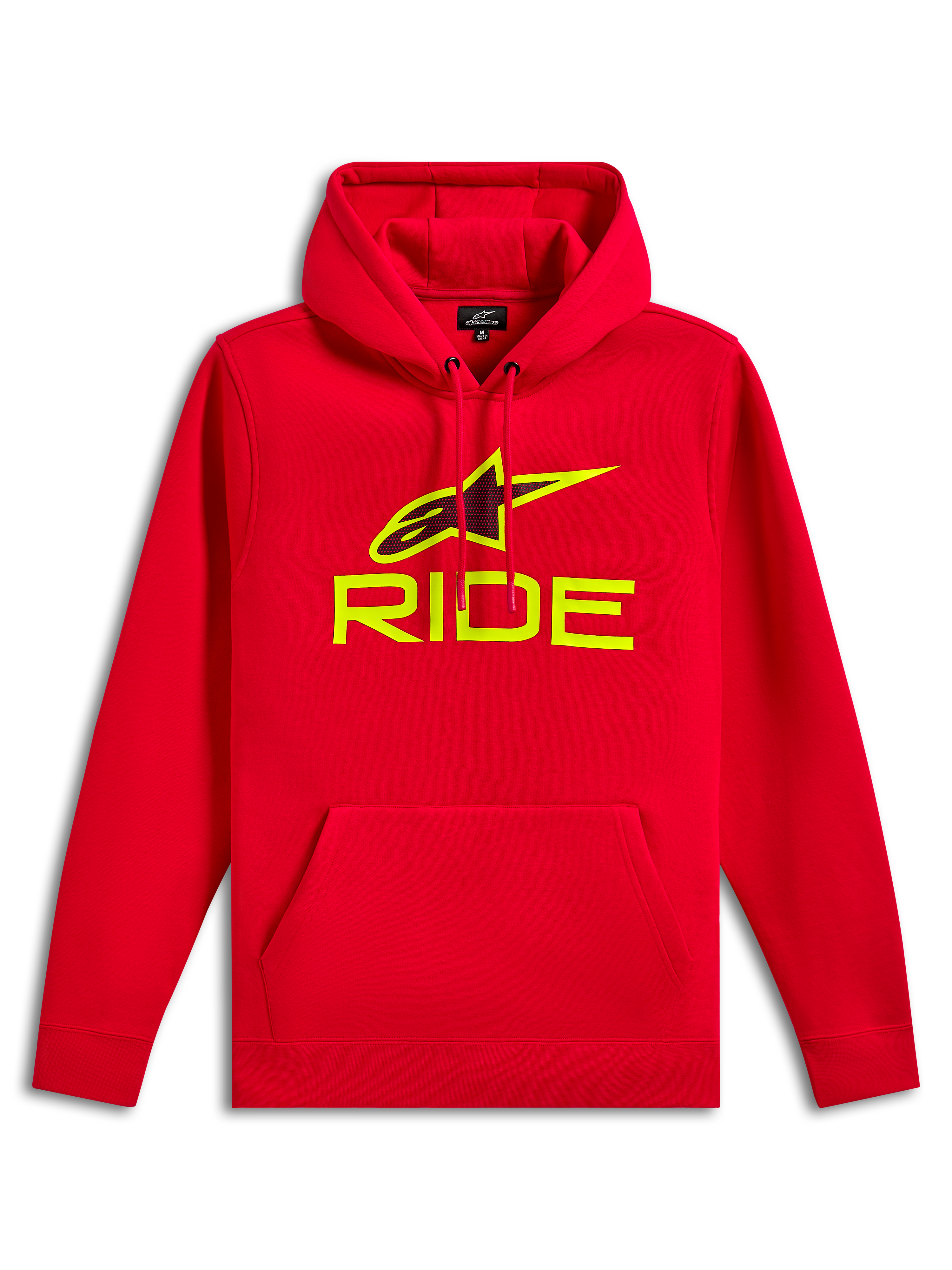 Felpa con cappuccio Alpinestars Ride V3, pile pullover rosso, logo RIDE e simbolo Astars in giallo alta visibilità con stampa traforata nera, cappuccio con cordino, tasca frontale a marsupio, casual motorsport streetwear