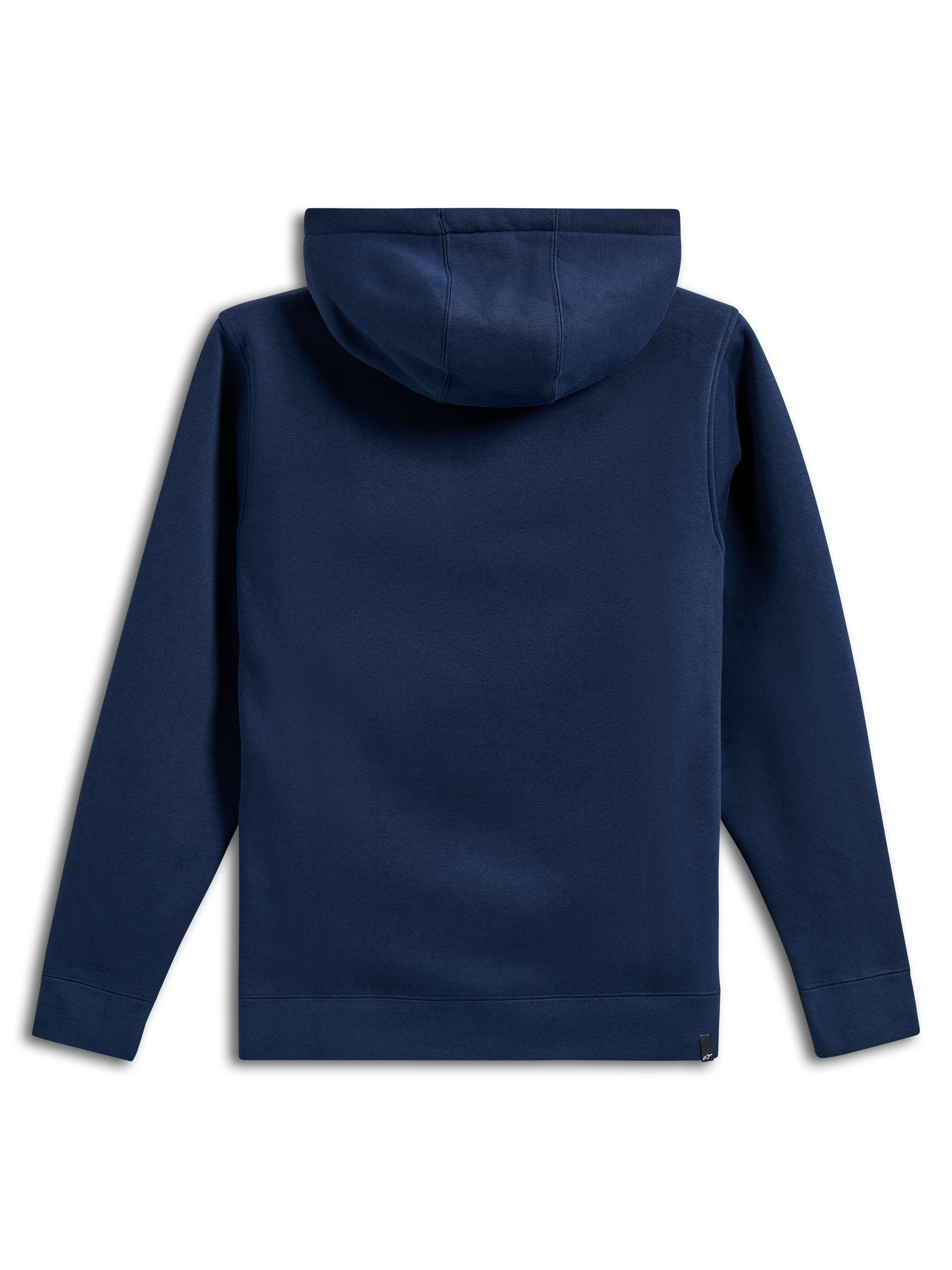Alpinestars Ride V3 Hoodie, vista posteriore di una felpa con cappuccio blu navy, design a tinta unita con polsini e orlo a coste, cappuccio foderato in jersey, abbigliamento sportivo casual ispirato al motorsport