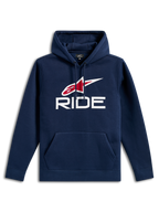 Alpinestars Ride V3 Hoodie, felpa casual blu navy, con logo RIDE bianco e logo a stella Alpinestars rosso sul petto, cappuccio con cordino, tasca a marsupio anteriore, maniche lunghe e polsini a coste.