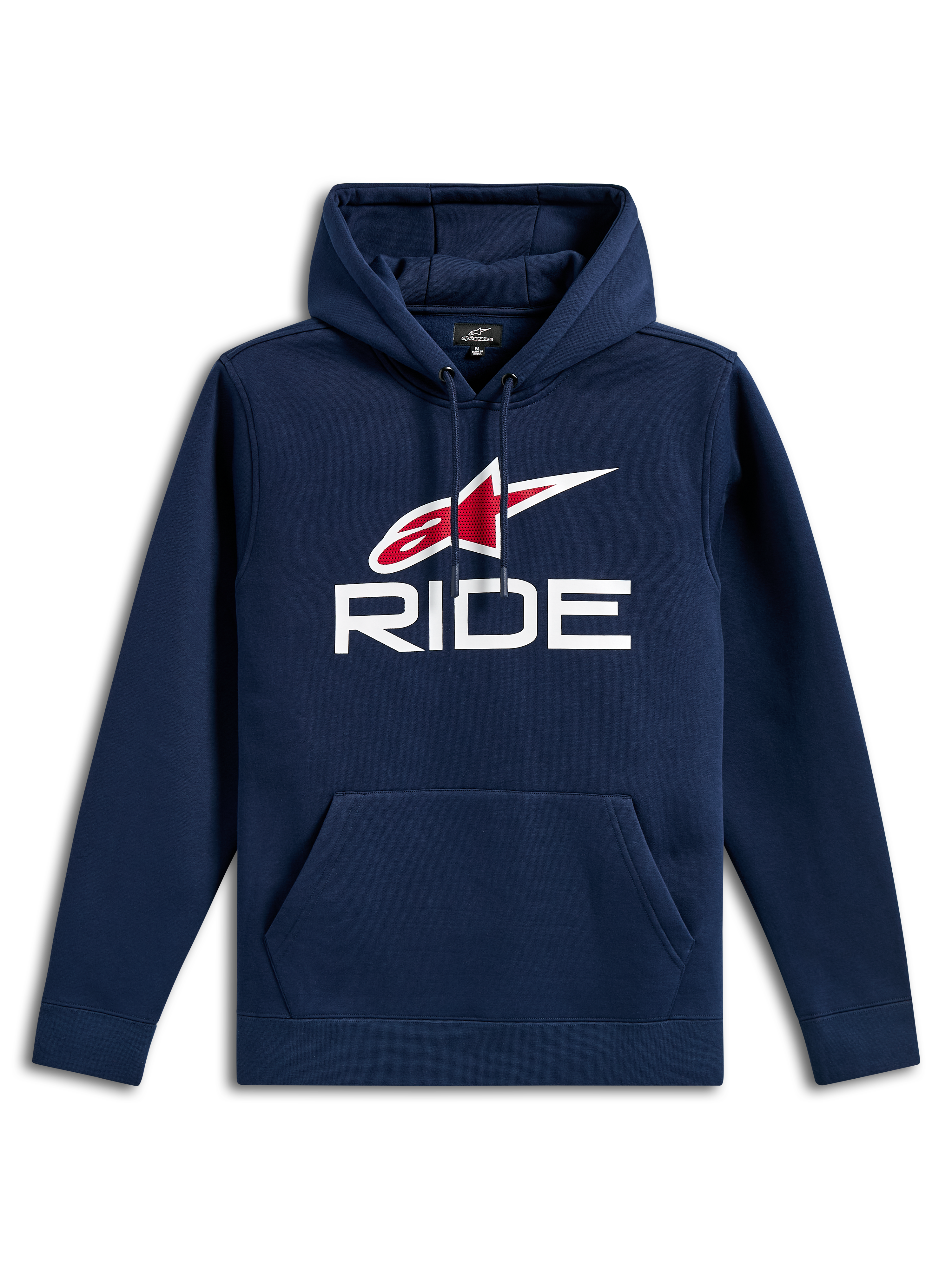Alpinestars Ride V3 Hoodie, felpa casual blu navy, con logo RIDE bianco e logo a stella Alpinestars rosso sul petto, cappuccio con cordino, tasca a marsupio anteriore, maniche lunghe e polsini a coste.