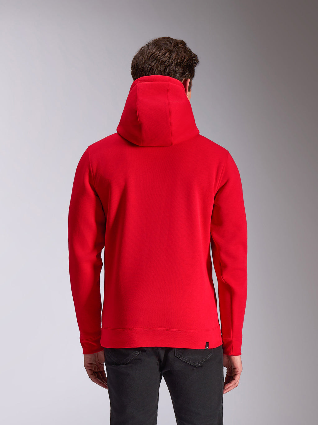 Alpinestars Ride V3 Hoodie, abbigliamento casual motorsport streetwear, felpa rossa con cappuccio, vista posteriore, colore rosso a tinta unita, polsini e orlo a coste, cappuccio foderato in jersey