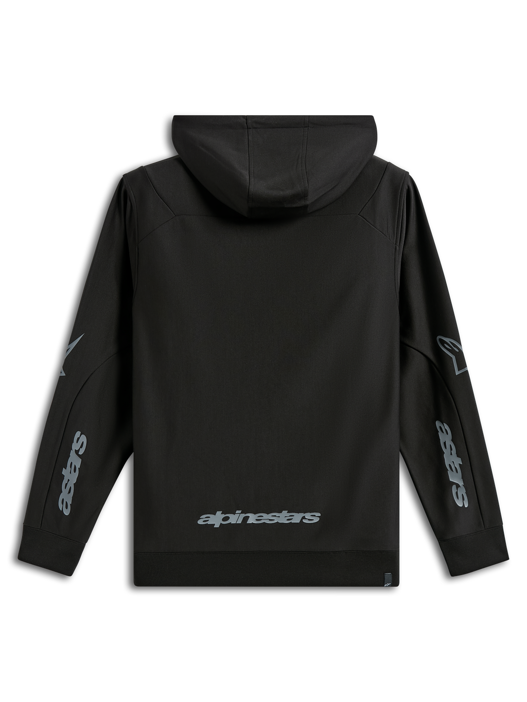 Felpa con cappuccio Alpinestars Sessions V3, abbigliamento sportivo casual, nero con loghi grigi, vista posteriore con scritta Alpinestars sulla parte bassa della schiena e grafiche Astars sulle maniche, pile di poliestere con cappuccio e polsini a coste, design moderno ispirato al motorsport