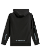 Felpa con cappuccio Alpinestars Sessions V3, abbigliamento sportivo casual, nero con loghi grigi, vista posteriore con scritta Alpinestars sulla parte bassa della schiena e grafiche Astars sulle maniche, pile di poliestere con cappuccio e polsini a coste, design moderno ispirato al motorsport