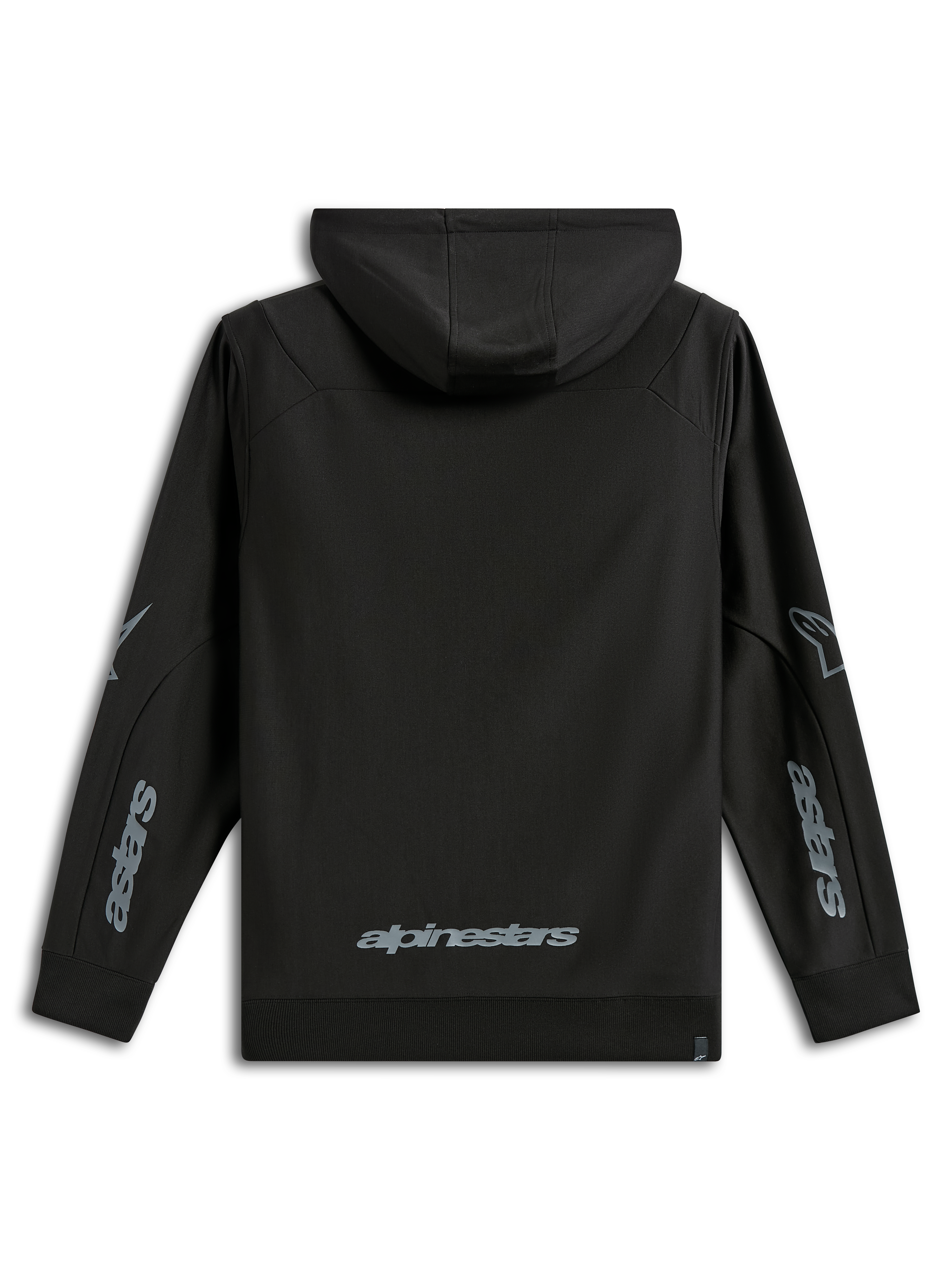Felpa con cappuccio Alpinestars Sessions V3, abbigliamento sportivo casual, nero con loghi grigi, vista posteriore con scritta Alpinestars sulla parte bassa della schiena e grafiche Astars sulle maniche, pile di poliestere con cappuccio e polsini a coste, design moderno ispirato al motorsport
