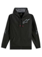 Alpinestars Sessions V3 Hoodie, felpa nera in pile di poliestere con zip intera, logo a stella Alpinestars grigio su petto e gomiti, cordini con punte rosse, cappuccio foderato in rete, streetwear casual da motorsport