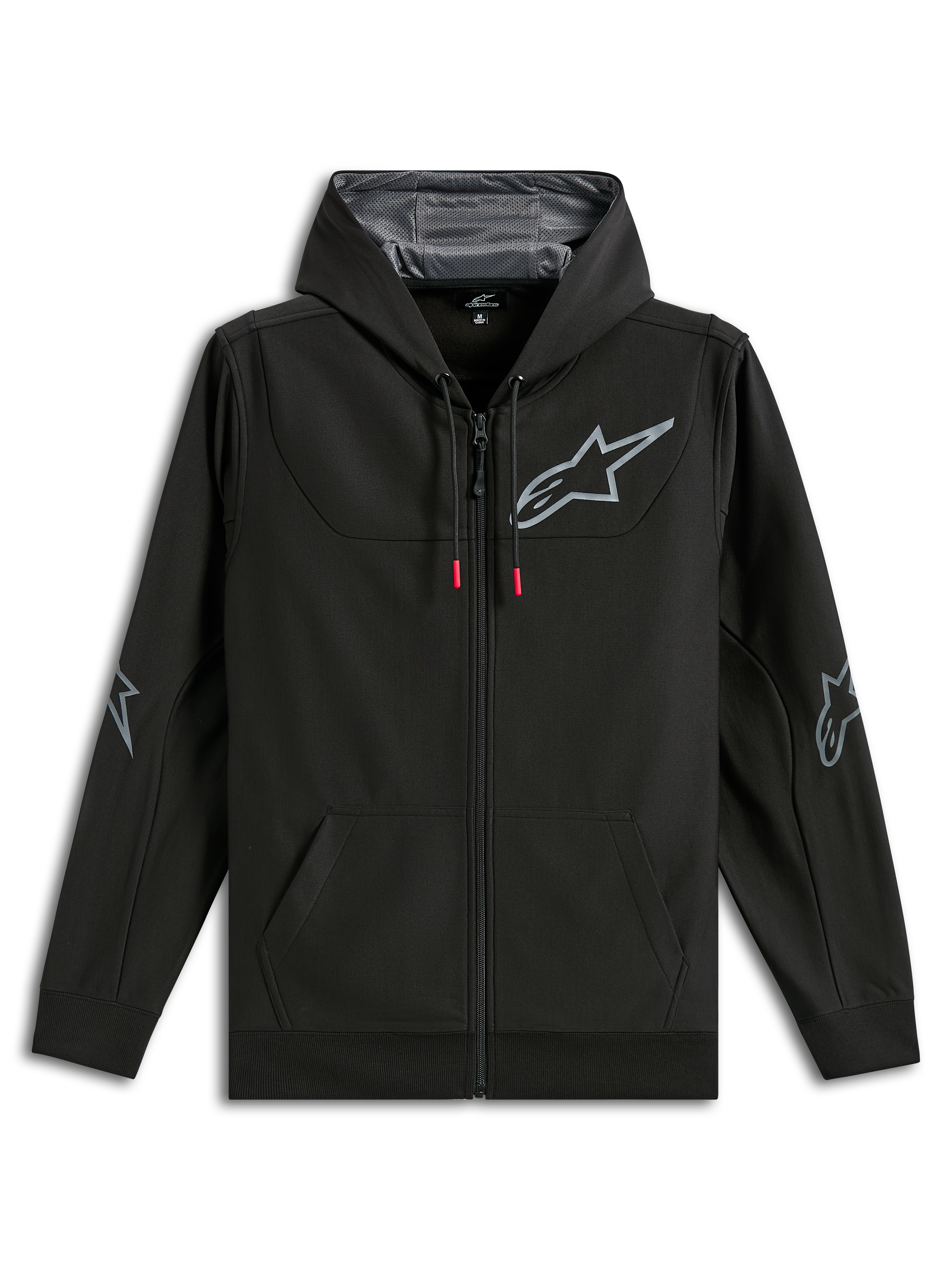 Alpinestars Sessions V3 Hoodie, felpa nera in pile di poliestere con zip intera, logo a stella Alpinestars grigio su petto e gomiti, cordini con punte rosse, cappuccio foderato in rete, streetwear casual da motorsport
