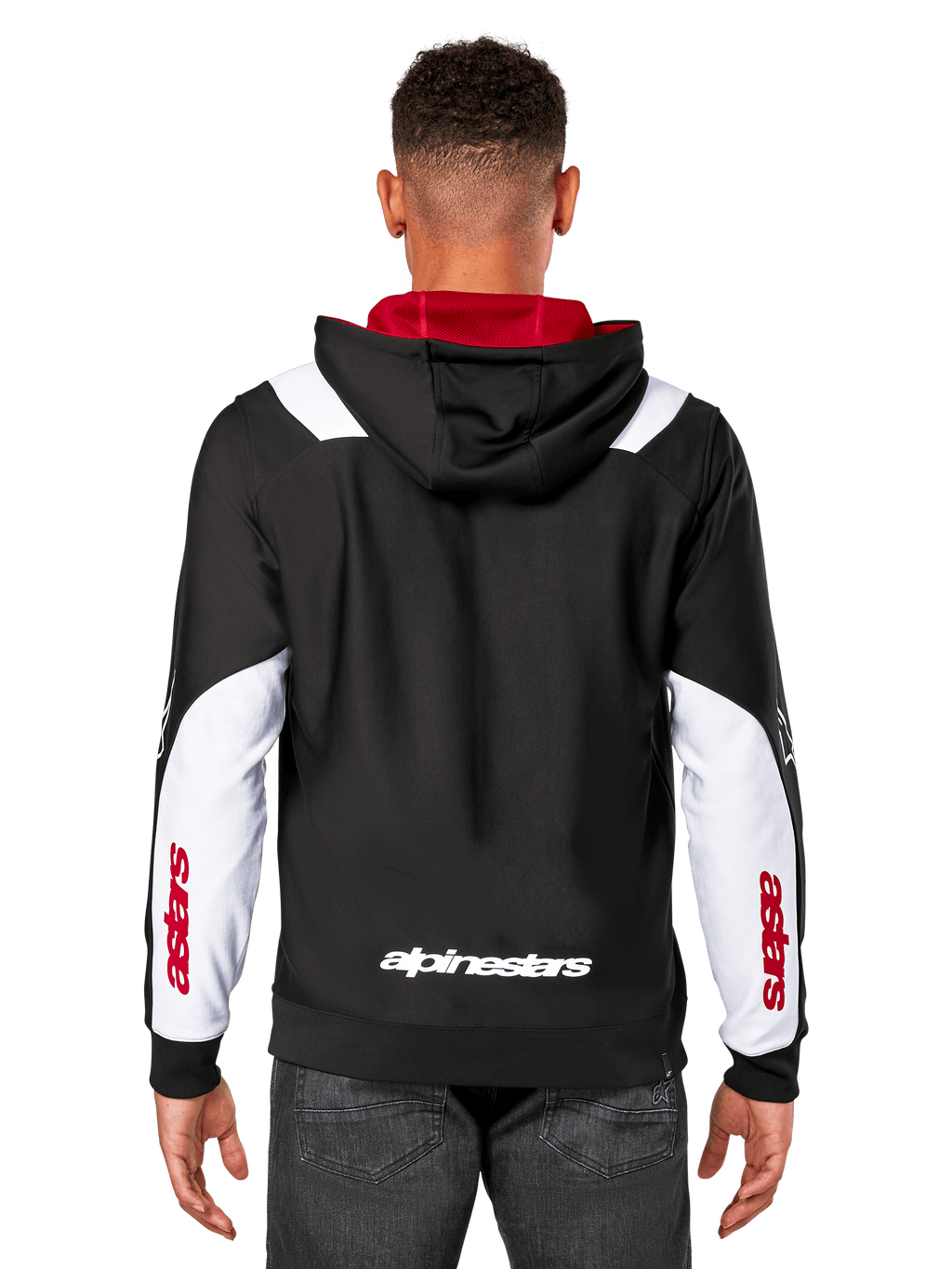 Alpinestars Sessions V3 Hoodie, vista posteriore, nero con pannelli bianchi sulle maniche e interno del cappuccio rosso, con scritta bianca sul retro e logo rosso sulle maniche, streetwear casual ispirato al motorsport