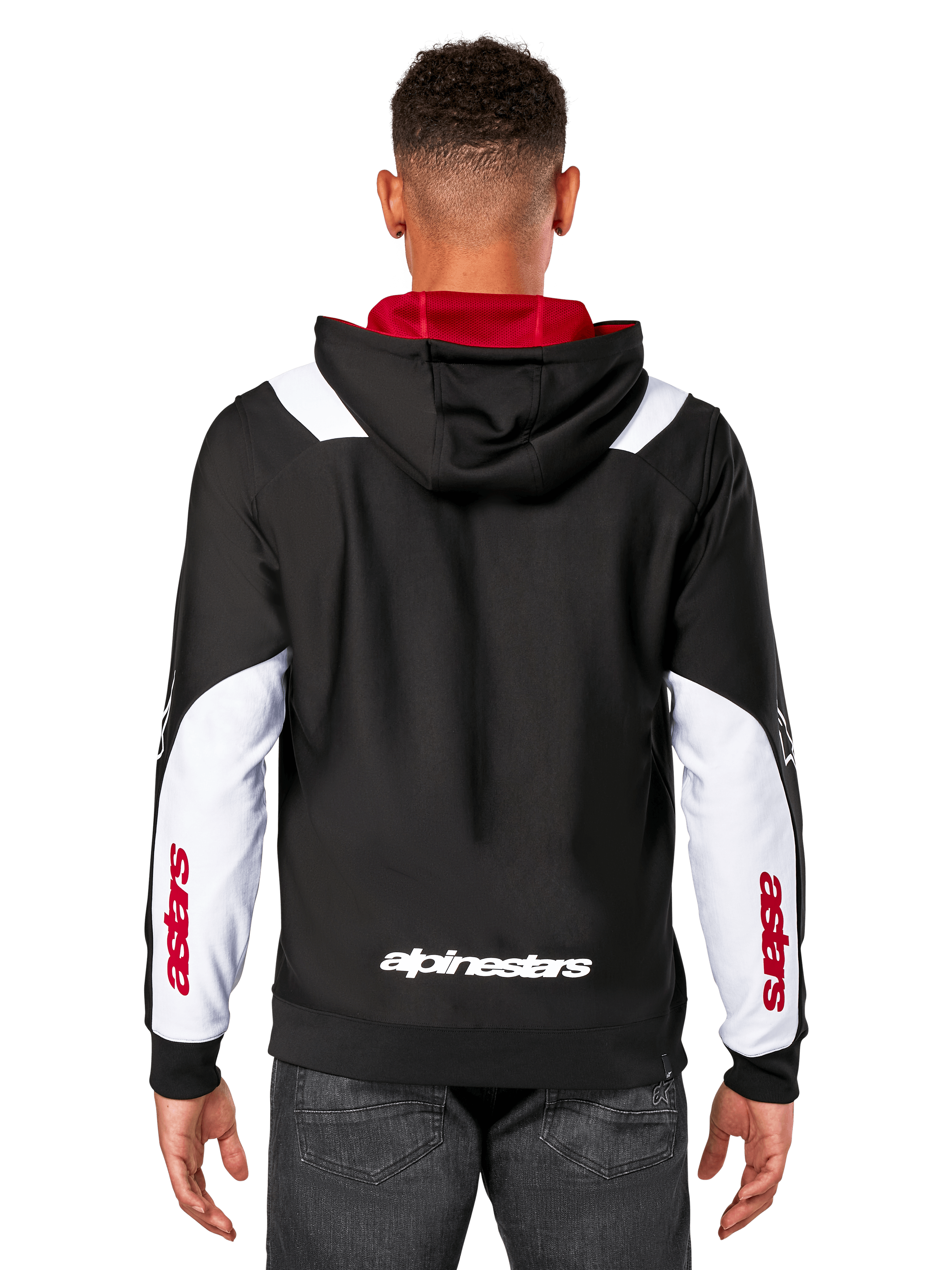 Alpinestars Sessions V3 Hoodie, vista posteriore, nero con pannelli bianchi sulle maniche e interno del cappuccio rosso, con scritta bianca sul retro e logo rosso sulle maniche, streetwear casual ispirato al motorsport
