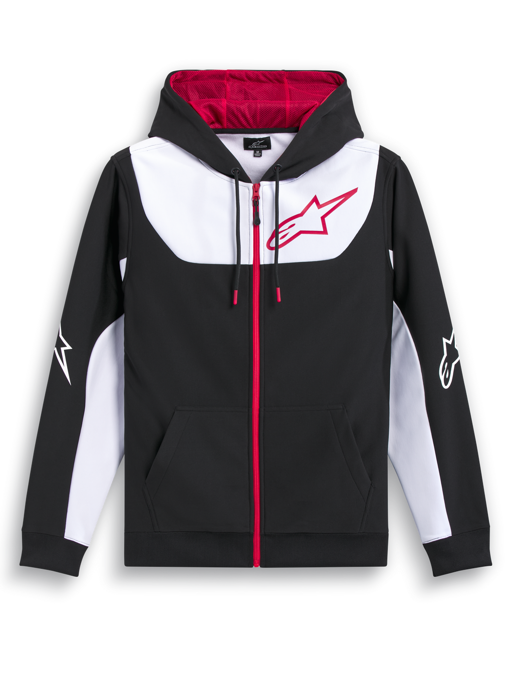 Alpinestars Felpa Con Cappuccio Sessions V3, felpa sportiva con zip anteriore nera, bianca e rossa, cappuccio foderato in rete e grande logo sul petto